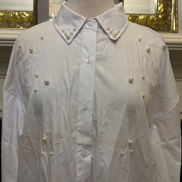 NWT “Life” white cotton long sleeve shirt with pearl detail - Picture 2 of 7